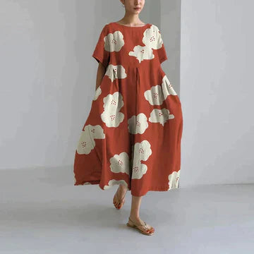 Dames Lange Oversized Jurk met Korte Mouwen en Ronde Hals met Bloemenprint Terracotta Bloemenprint