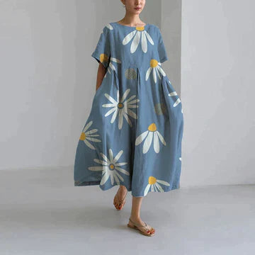 Dames Lange Oversized Jurk met Korte Mouwen en Ronde Hals met Bloemenprint Blauw Madeliefjes