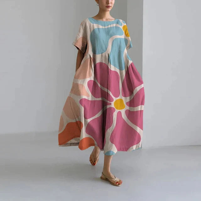 Dames Lange Oversized Jurk met Korte Mouwen en Ronde Hals met Bloemenprint Roze Bloem Multicolor