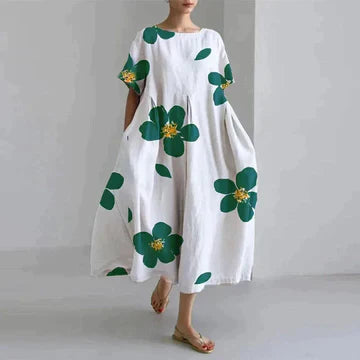 Dames Lange Oversized Jurk met Korte Mouwen en Ronde Hals met Bloemenprint Wit Groene Bloemen