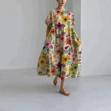 Dames Lange Oversized Jurk met Korte Mouwen en Ronde Hals met Bloemenprint Crème Kleurrijk Bloemenprint