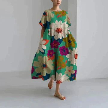 Dames Lange Oversized Jurk met Korte Mouwen en Ronde Hals met Bloemenprint Groen Bloemenprint