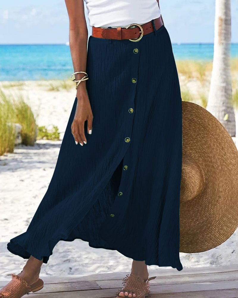 Dames Lange Rok met Knoopsluiting en Kreukstof Donkerblauw