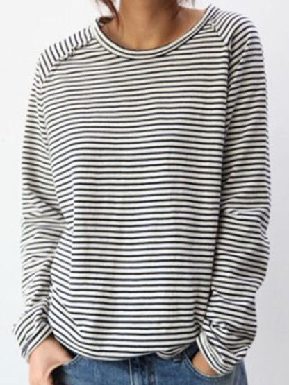 Dames Longsleeve Shirt met Ronde Hals en Horizontale Strepen Wit