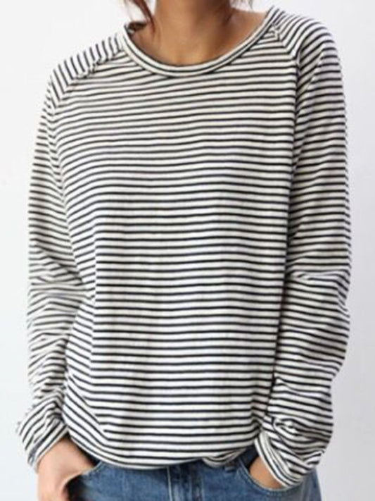 Dames Longsleeve Shirt met Ronde Hals en Horizontale Strepen Wit