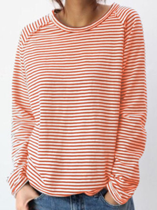Dames Longsleeve Shirt met Ronde Hals en Horizontale Strepen Rood