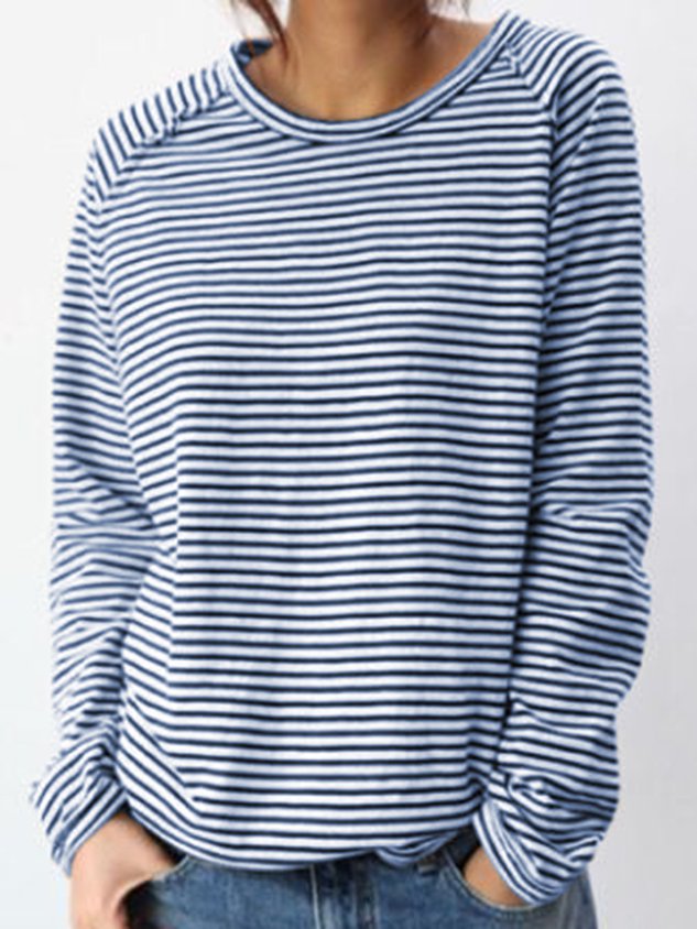 Dames Longsleeve Shirt met Ronde Hals en Horizontale Strepen Blauw