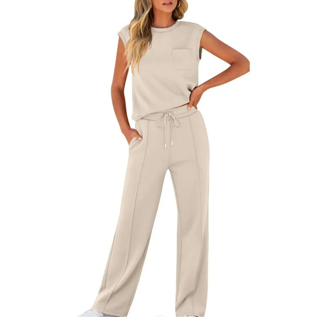 Dames Loungewear Set Mouwloos Top met Wijde Broek en Trekkoord Abrikoos