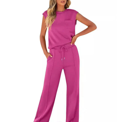 Dames Loungewear Set Mouwloos Top met Wijde Broek en Trekkoord Roze Rood