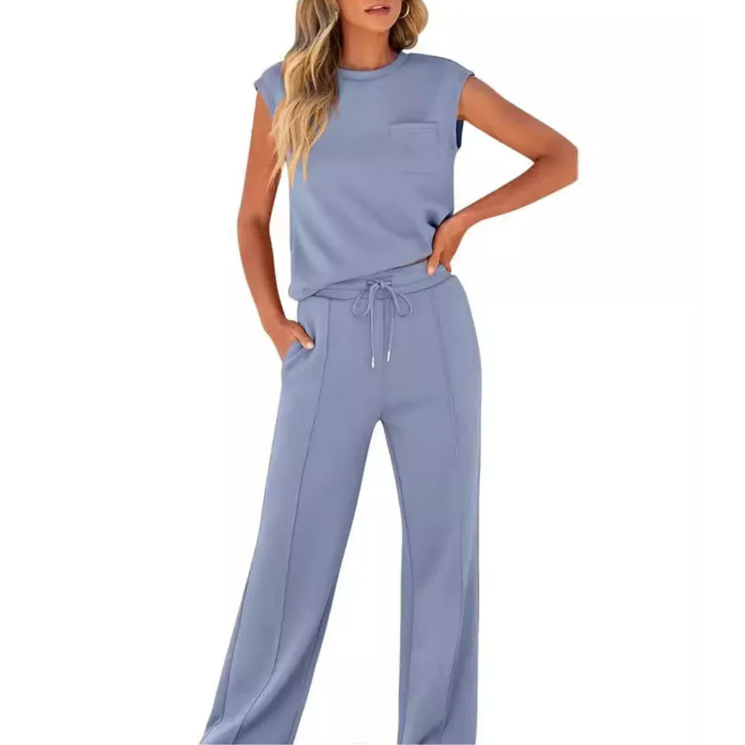 Dames Loungewear Set Mouwloos Top met Wijde Broek en Trekkoord Blauw