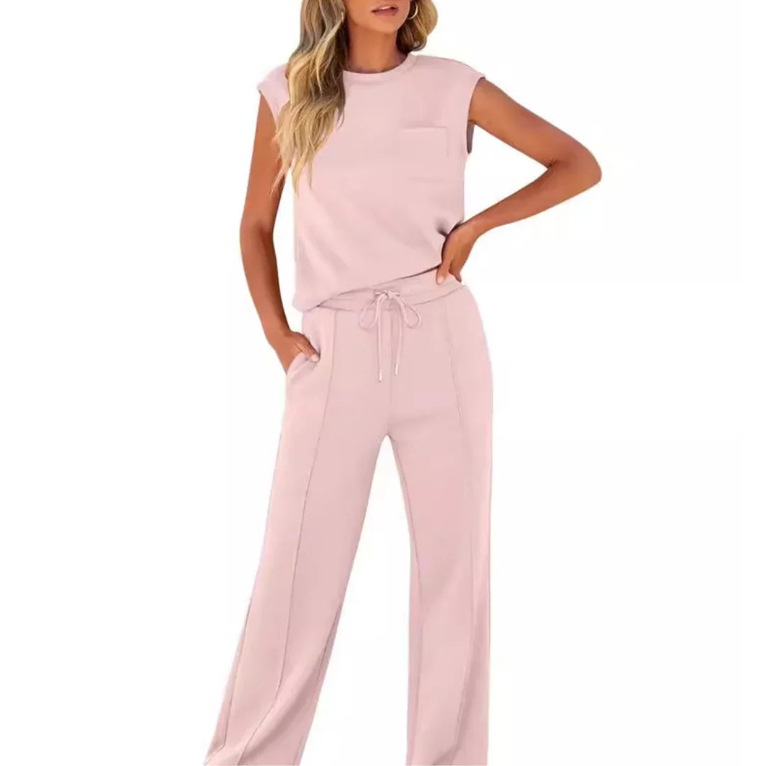 Dames Loungewear Set Mouwloos Top met Wijde Broek en Trekkoord Roze