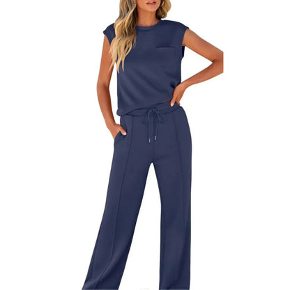 Dames Loungewear Set Mouwloos Top met Wijde Broek en Trekkoord Donkerblauw