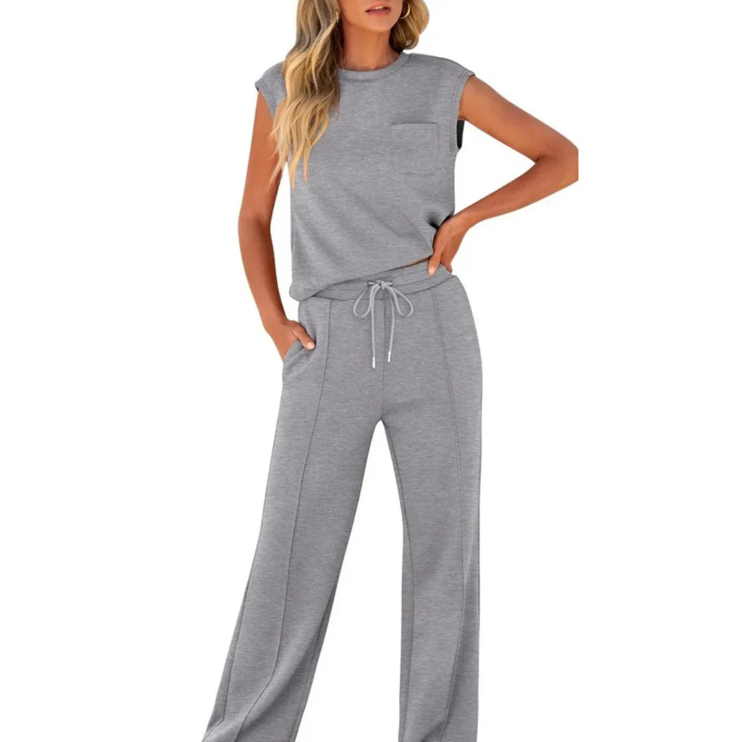 Dames Loungewear Set Mouwloos Top met Wijde Broek en Trekkoord Grijs
