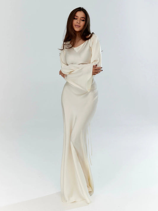 Dames Maxi Avondjurk met Lange Mouwen en Cowl-hals Wit