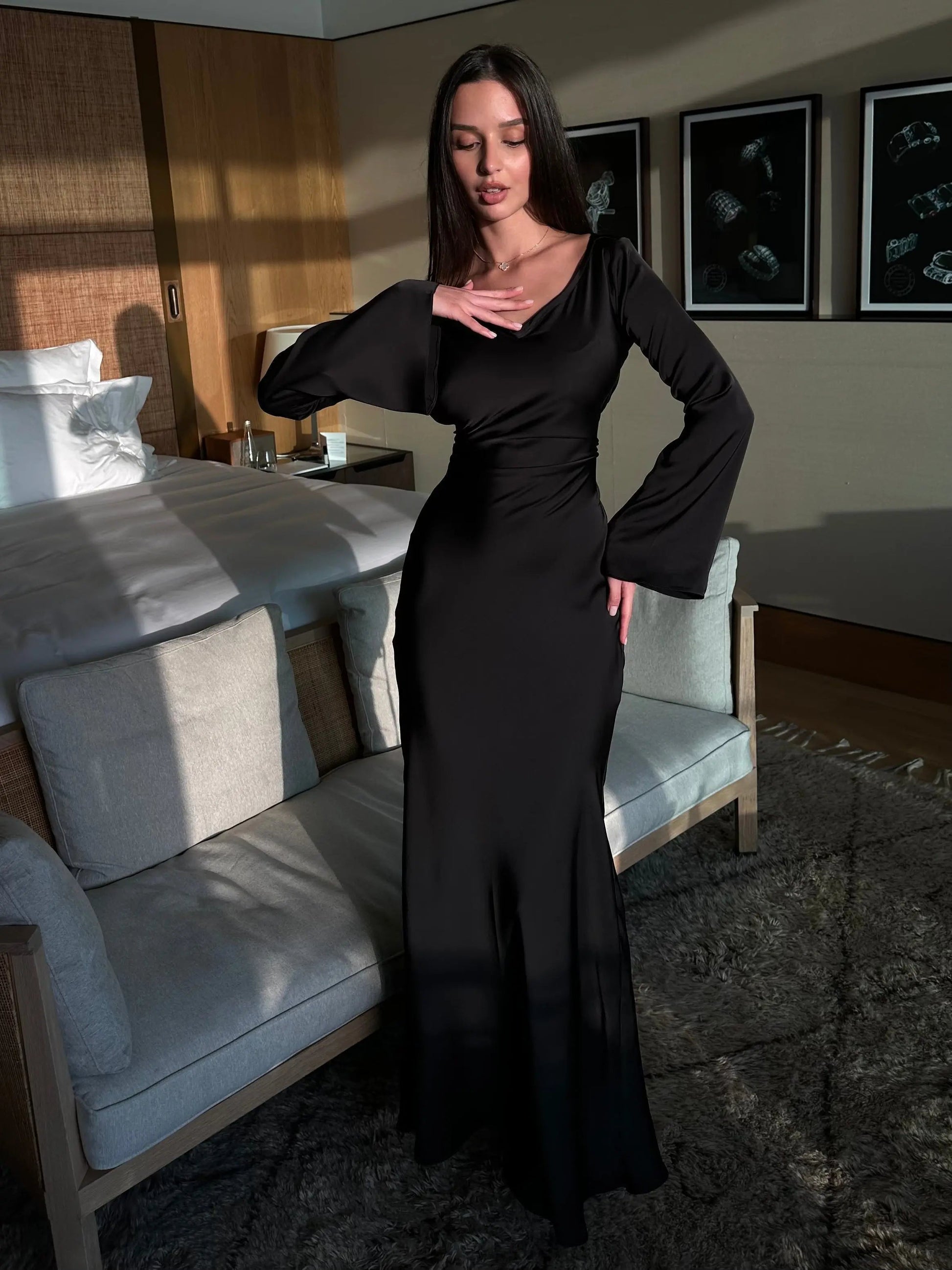 Dames Maxi Avondjurk met Lange Mouwen en Cowl-hals
