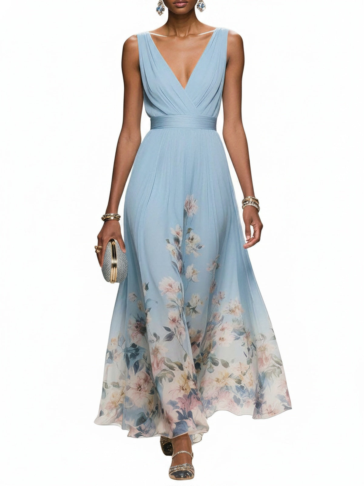 Dames Maxi Avondjurk Mouwloos met Diepe V-hals en Bloemenprint