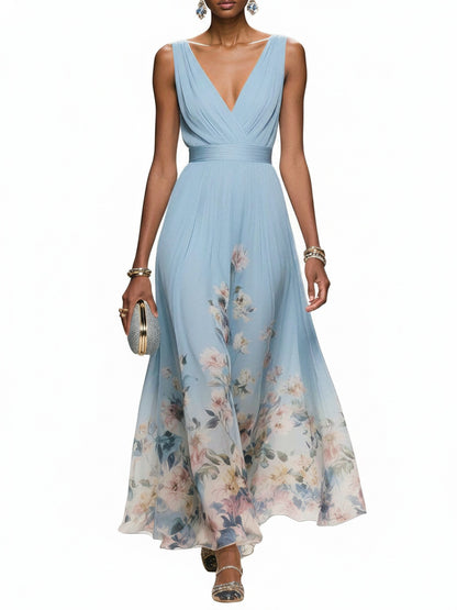 Dames Maxi Avondjurk Mouwloos met Diepe V-hals en Bloemenprint