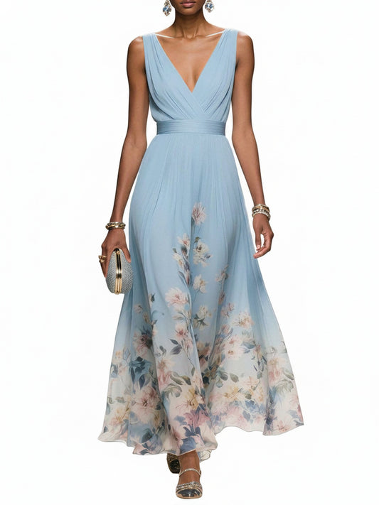 Dames Maxi Avondjurk Mouwloos met Diepe V-hals en Bloemenprint