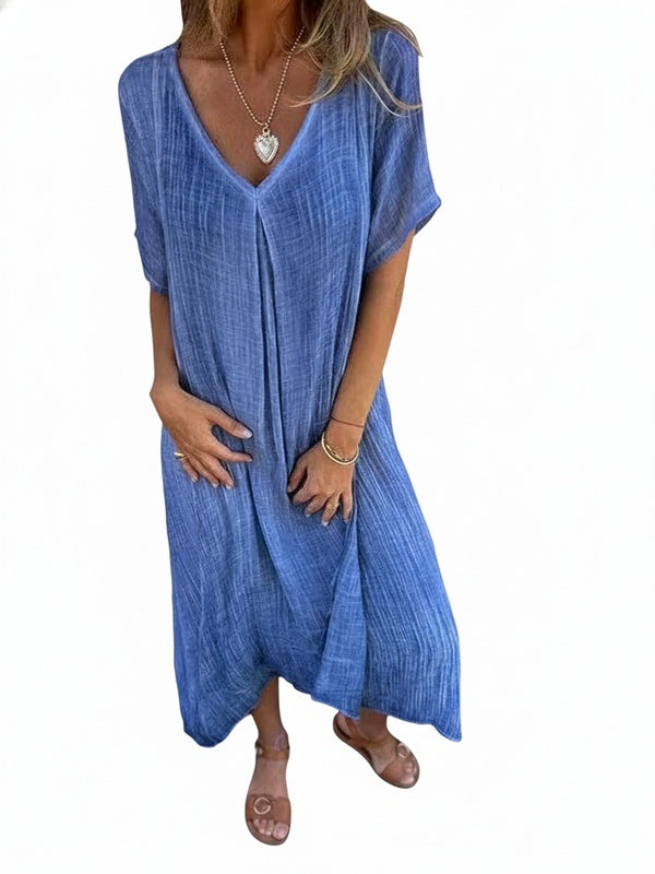 Dames Maxi Jurk Korte Mouw met V-hals en Oversized Fit
