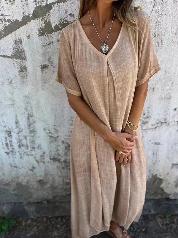 Dames Maxi Jurk Korte Mouw met V-hals en Oversized Fit