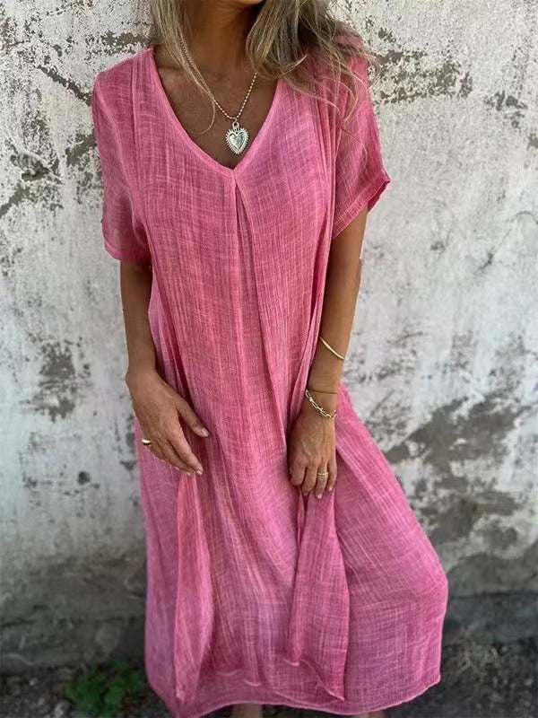 Dames Maxi Jurk Korte Mouw met V-hals en Oversized Fit