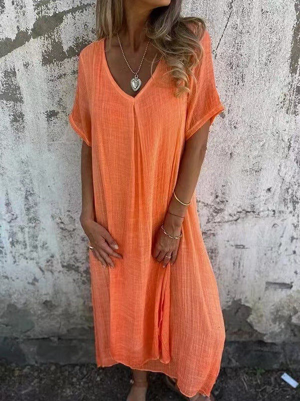 Dames Maxi Jurk Korte Mouw met V-hals en Oversized Fit