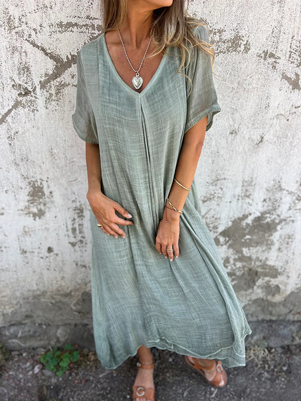 Dames Maxi Jurk Korte Mouw met V-hals en Oversized Fit