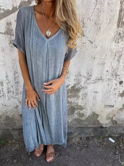 Dames Maxi Jurk Korte Mouw met V-hals en Oversized Fit