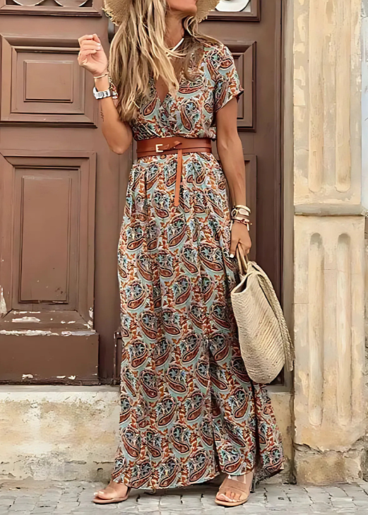 Dames Maxi Jurk Korte Mouw met V-hals, Paisley Print en Riem Bruin