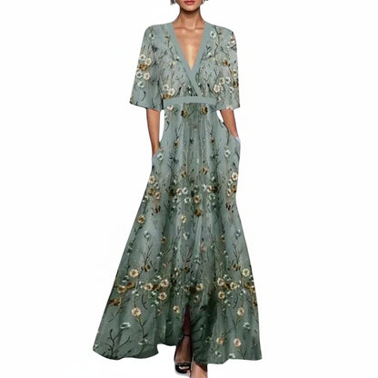 Dames Maxi Jurk met Bloemenprint, Diepe V-hals en A-lijn Rok