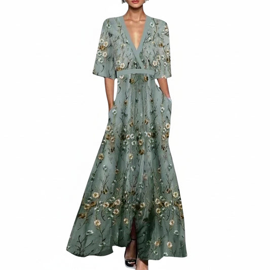 Dames Maxi Jurk met Bloemenprint, Diepe V-hals en A-lijn Rok