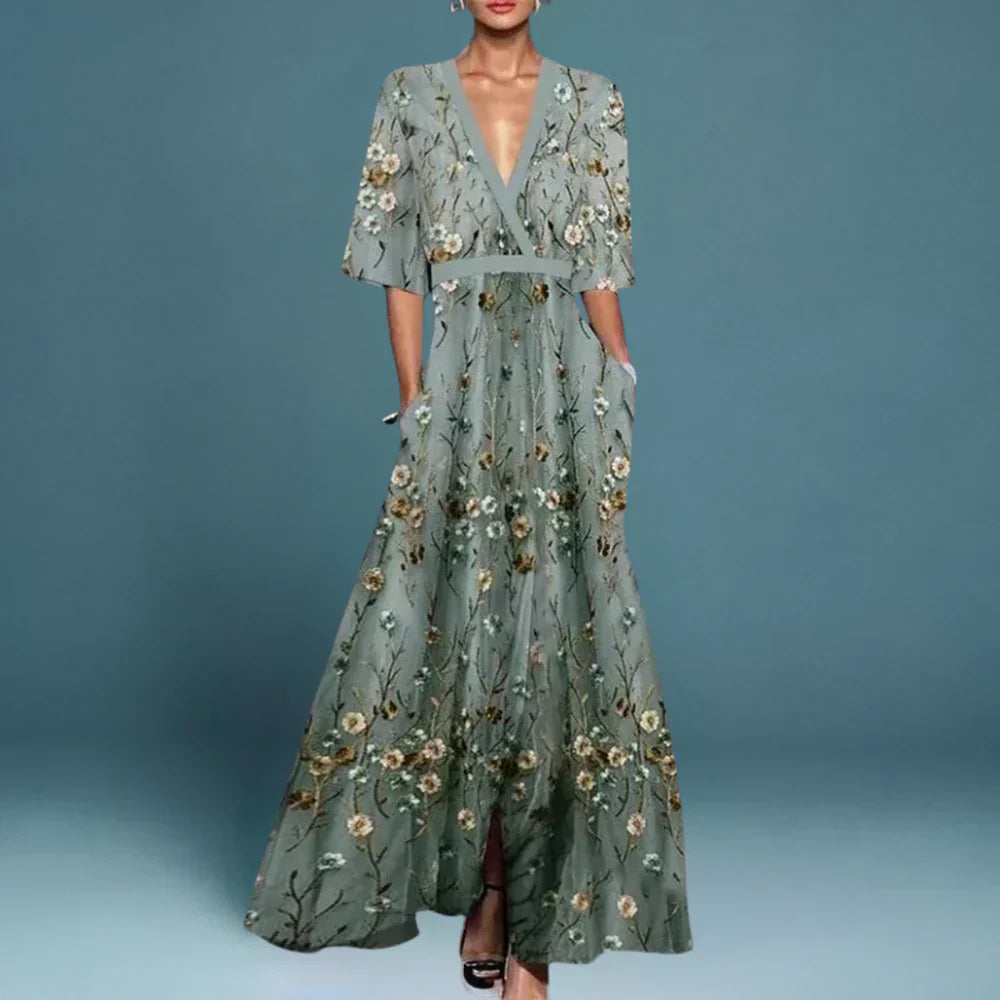 Dames Maxi Jurk met Bloemenprint, Diepe V-hals en A-lijn Rok Blauw Wit