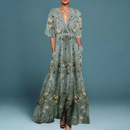 Dames Maxi Jurk met Bloemenprint, Diepe V-hals en A-lijn Rok Blauw Wit