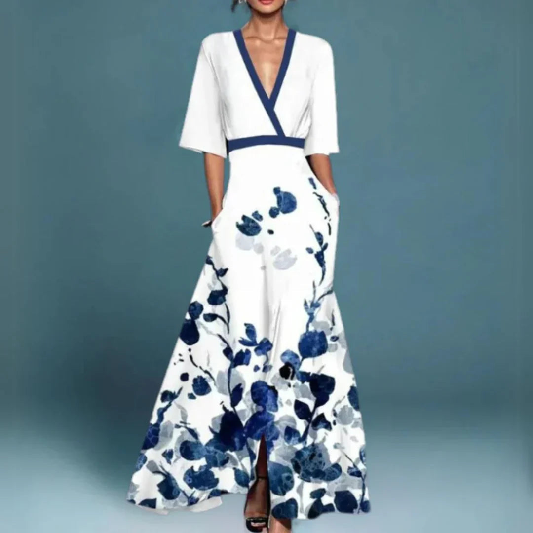 Dames Maxi Jurk met Bloemenprint, Diepe V-hals en A-lijn Rok Wit Blauw