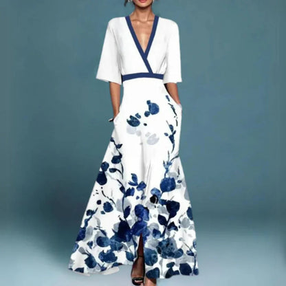 Dames Maxi Jurk met Bloemenprint, Diepe V-hals en A-lijn Rok Wit Blauw