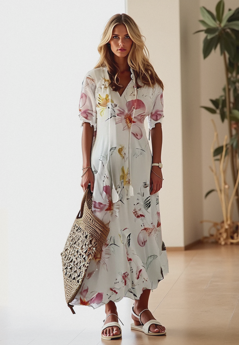 Dames Maxi Jurk met Bloemenprint en V-hals Beige