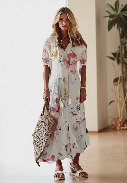 Dames Maxi Jurk met Bloemenprint en V-hals Beige