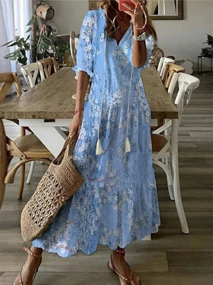 Dames Maxi Jurk met Bloemenprint en V-hals Lichtblauw