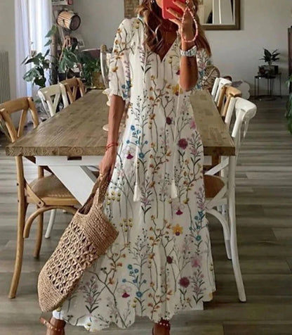 Dames Maxi Jurk met Bloemenprint en V-hals Crème