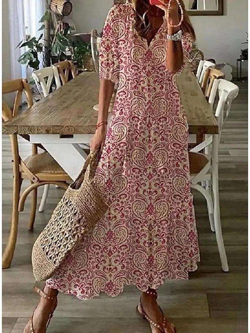 Dames Maxi Jurk met Bloemenprint en V-hals Roze