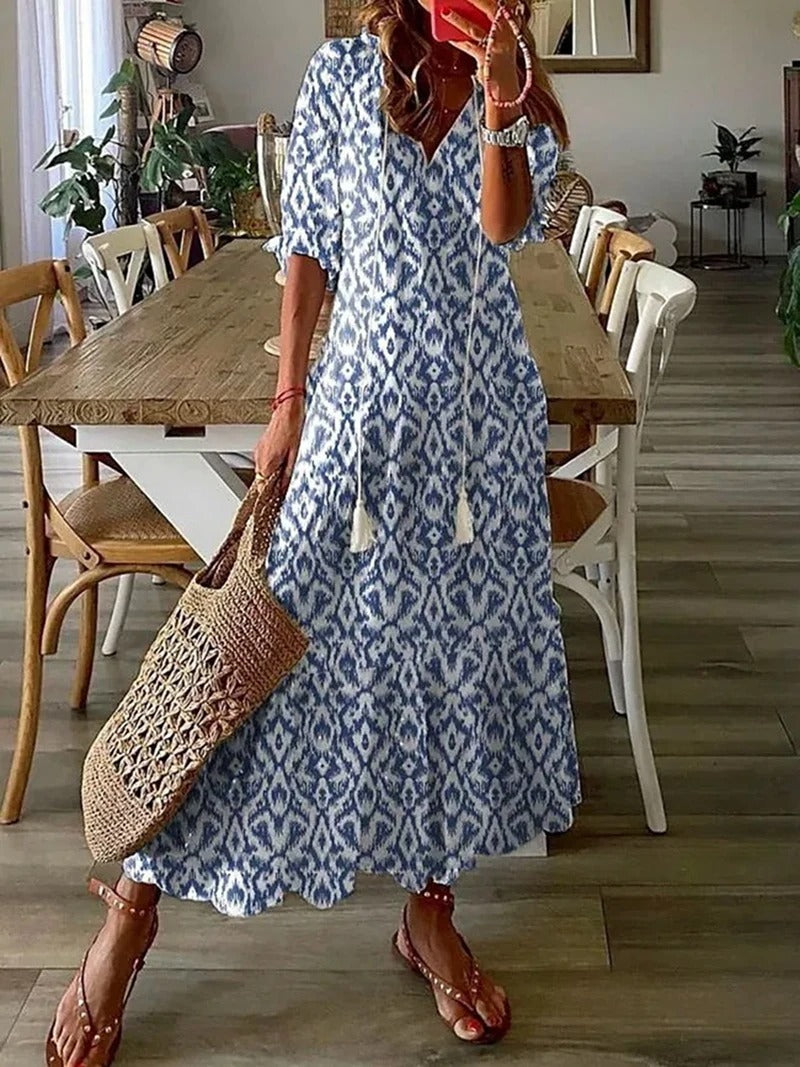 Dames Maxi Jurk met Bloemenprint en V-hals Blauw