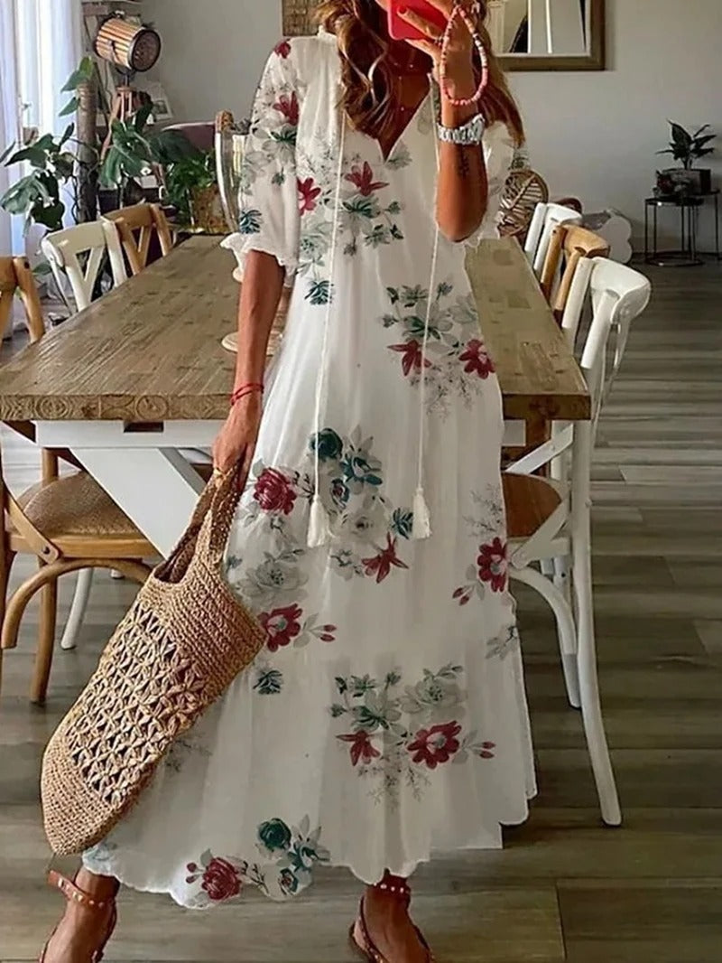 Dames Maxi Jurk met Bloemenprint en V-hals Wit