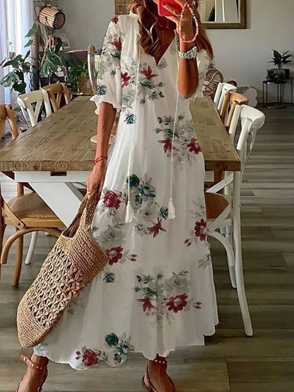 Dames Maxi Jurk met Bloemenprint en V-hals Wit