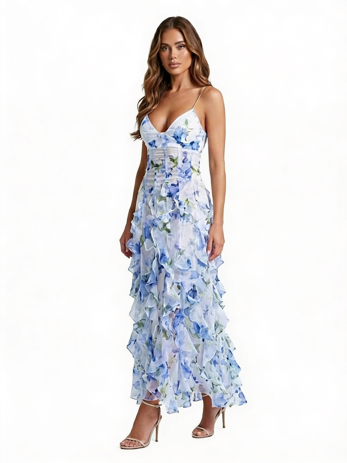 Dames Maxi Jurk met Bloemenprint, Ruches en Corset Taille