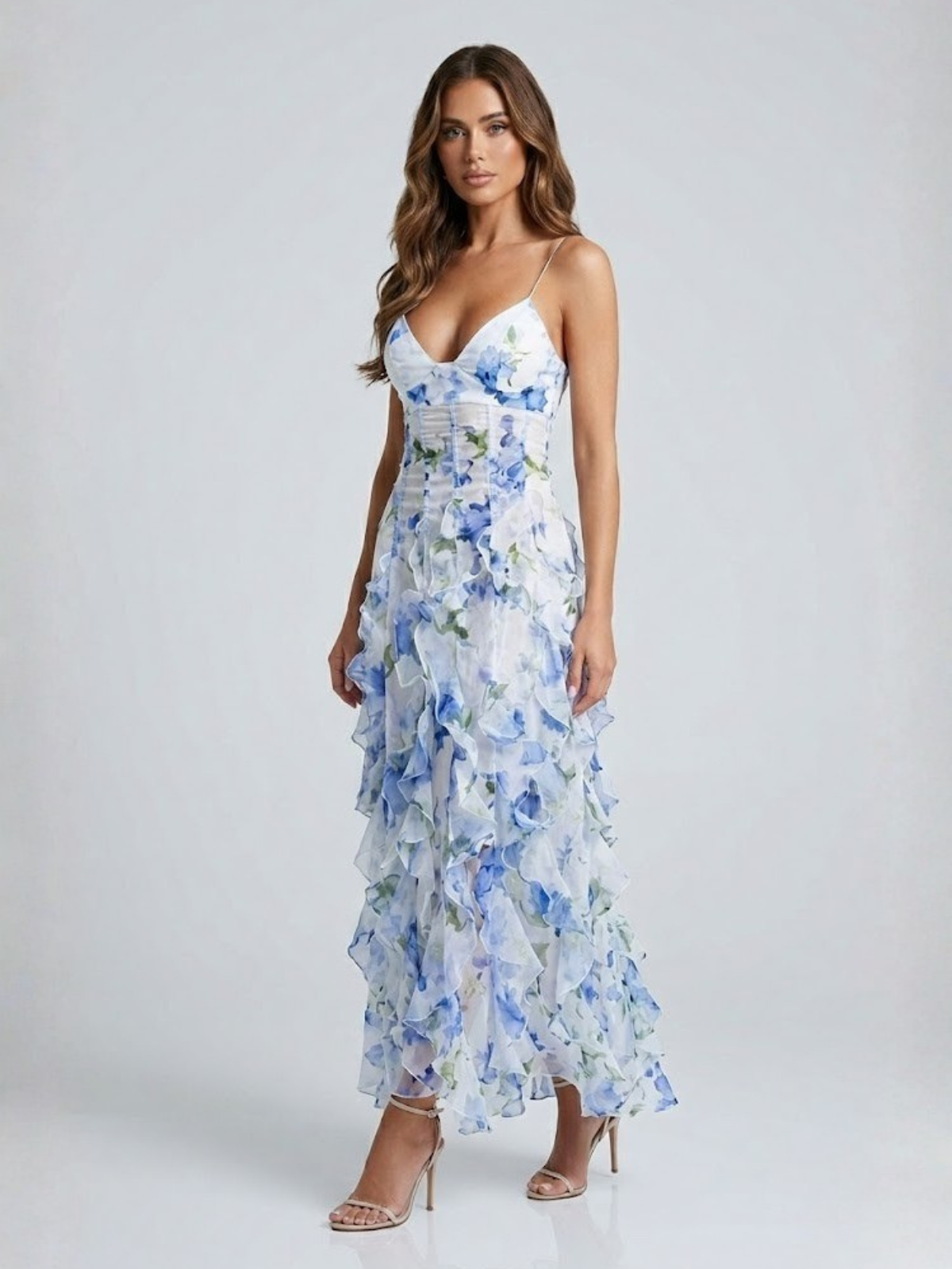 Dames Maxi Jurk met Bloemenprint, Ruches en Corset Taille