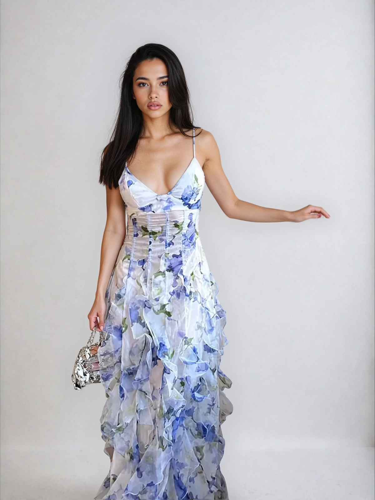 Dames Maxi Jurk met Bloemenprint, Ruches en Corset Taille