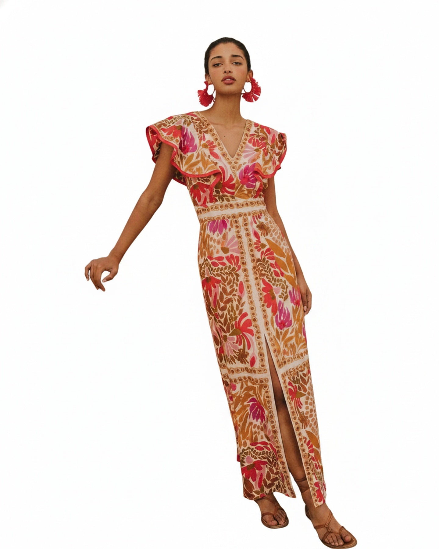 Dames Maxi Jurk met Bloemenprint, V-hals en Ruches Mouwen