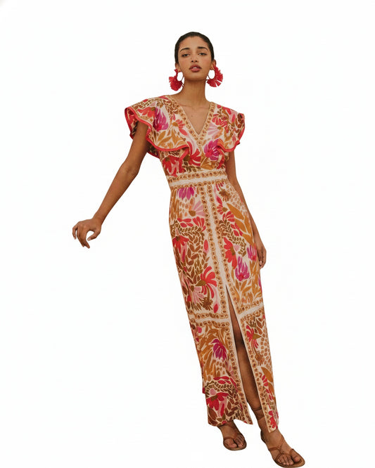 Dames Maxi Jurk met Bloemenprint, V-hals en Ruches Mouwen