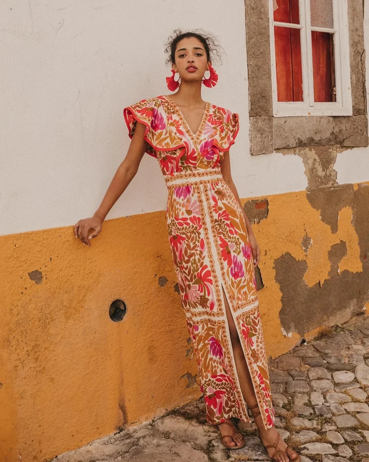 Dames Maxi Jurk met Bloemenprint, V-hals en Ruches Mouwen