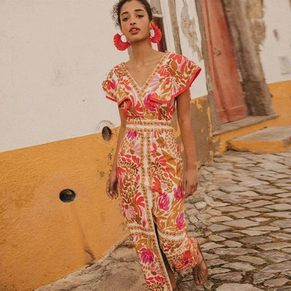 Dames Maxi Jurk met Bloemenprint, V-hals en Ruches Mouwen